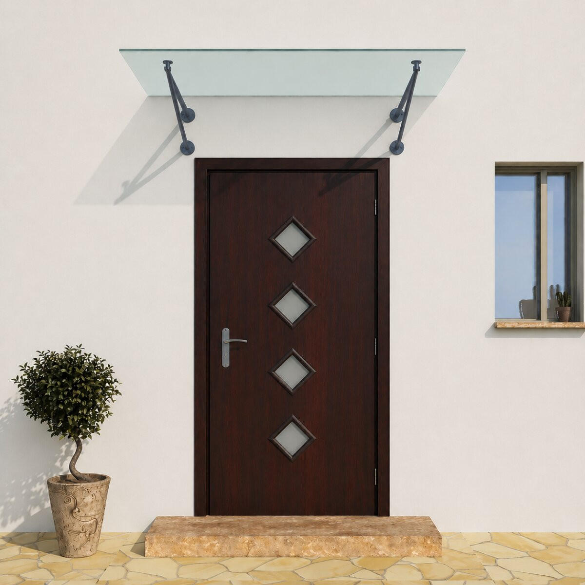 GLASVORDACH 120x90 cm Sicherheitsglas Edelstahl Satiniert V-RAL7016 - Weiß, Glas (120/1.31/90cm) -  Glaswerk Westfalen