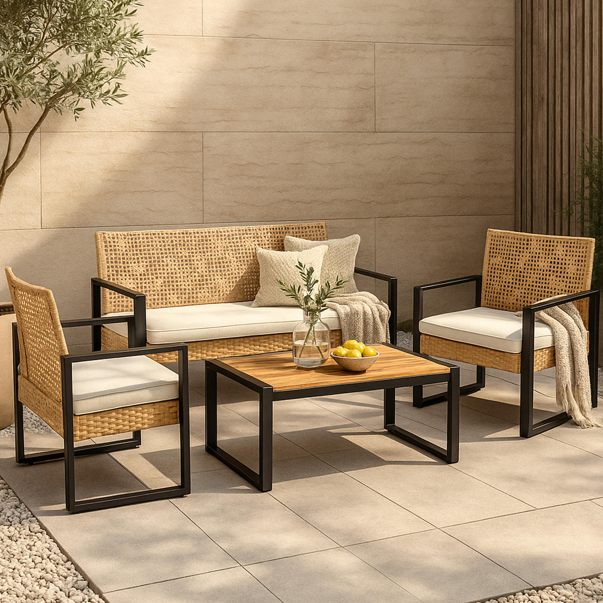 LOUNGE-SET 4 TLG. Calciano - Beige/Naturfarben, Kunststoff/Metall - casa.pro