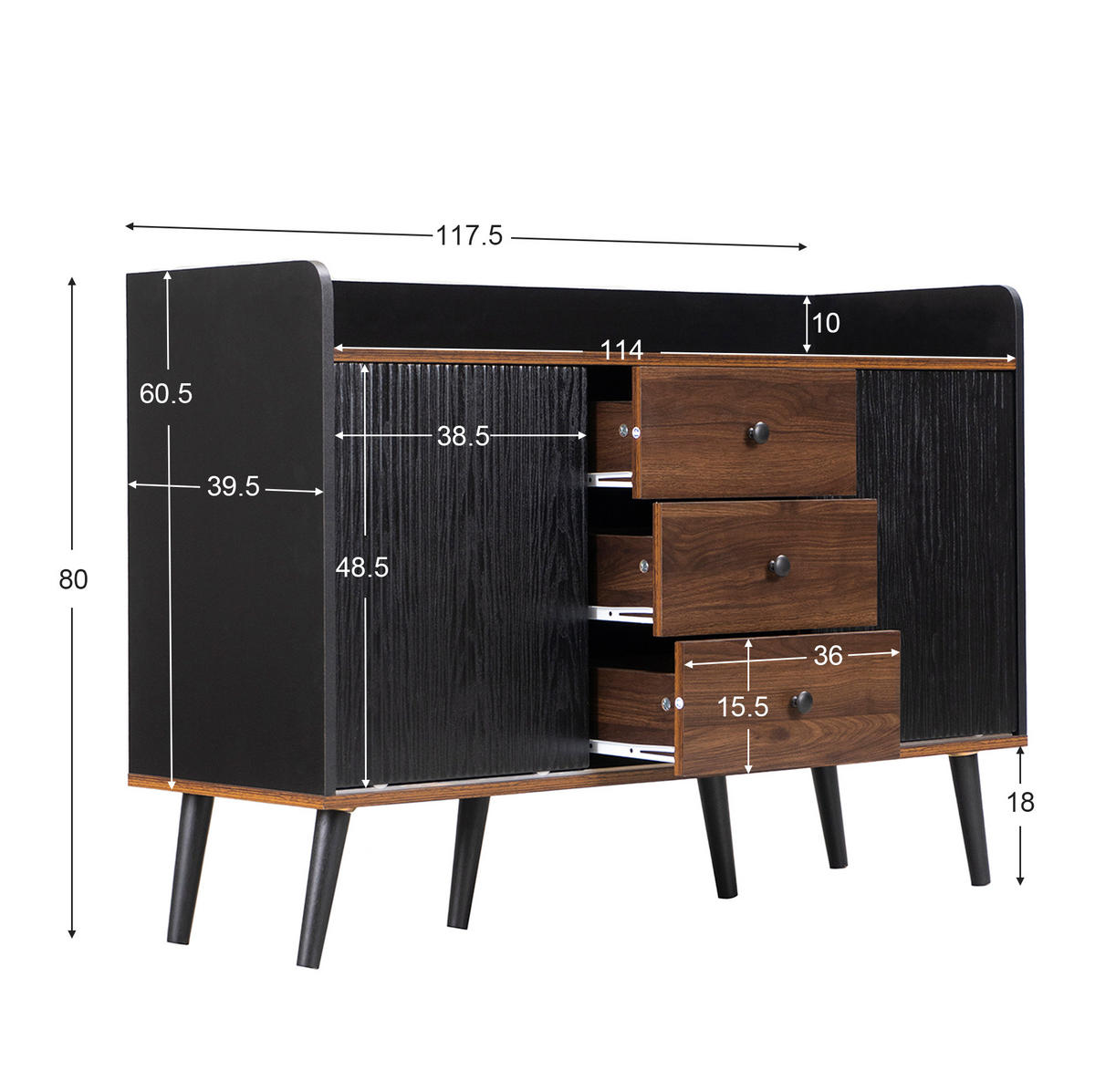 SIDEBOARD mit 3 Schubladen 117,5 x 40 x 80 cm Schwarz Holzoptik - Schwarz, Holzwerkstoff (117.5/80/39.5cm) - Meubliv