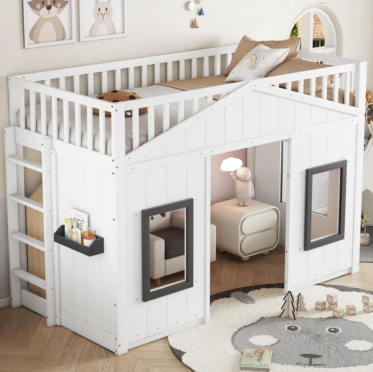 HOCHBETT 90/200 cm mit Treppe und Fallschutz in Weiß/Grau - Weiß, Holzwerkstoff (90/200cm) - BEAOK