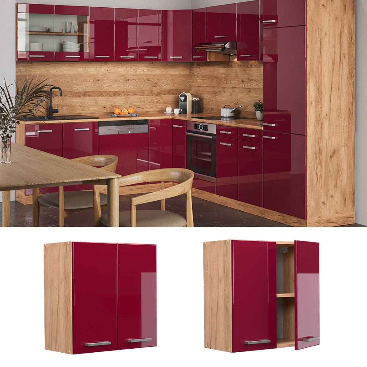HÄNGESCHRANK R-Line Rot Hochglanz 60 cm - Honigeiche/Eiche Wotan, Holzwerkstoff (60/60/31cm) - Vicco