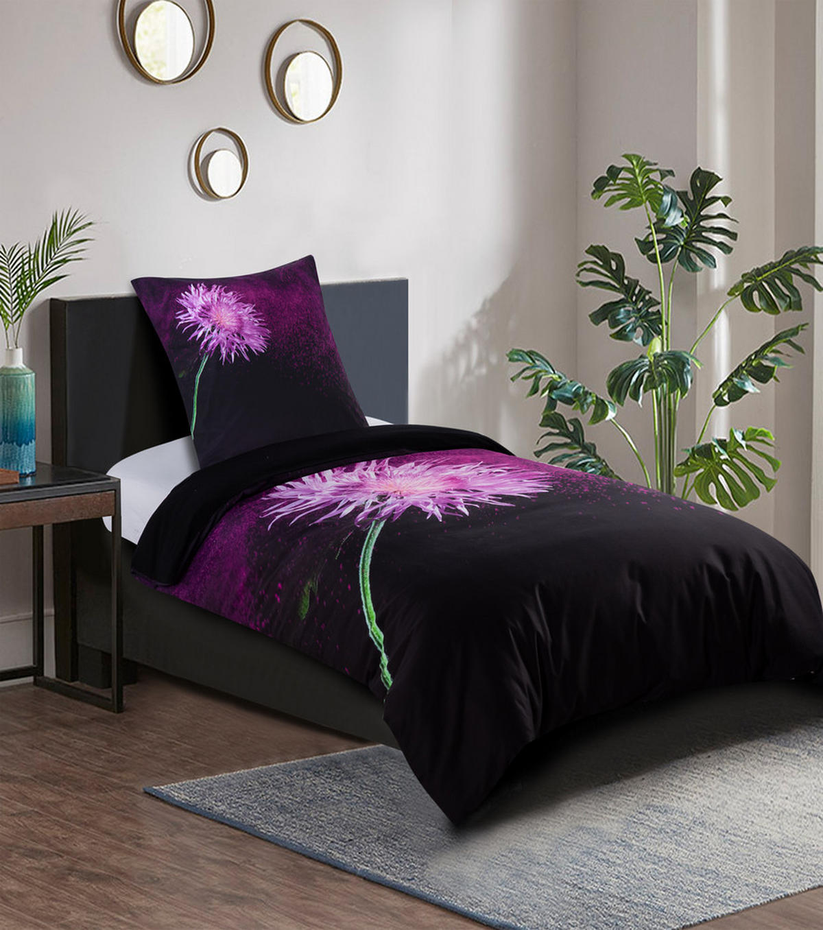 BETTWÄSCHE 2-teilig Purple Dust - Schwarz, Naturmaterialien (135/200cm) - Sanilo