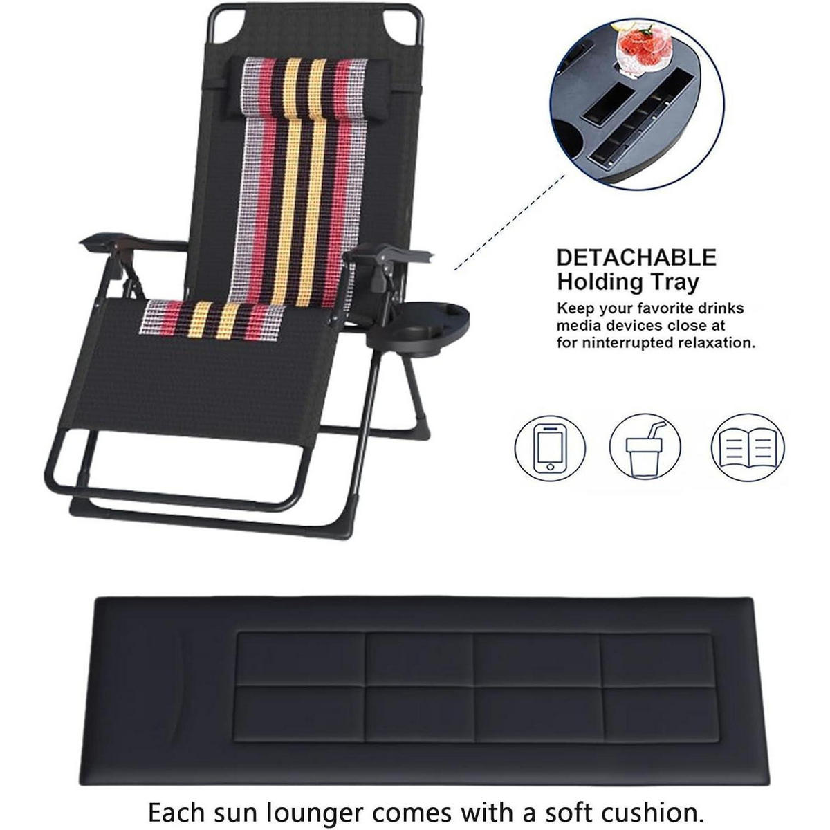 GARTENLIEGE Klappbar Extra Breit 72cm mit Getränkehalter & Kissen - Schwarz, Textil (70/85/85cm)