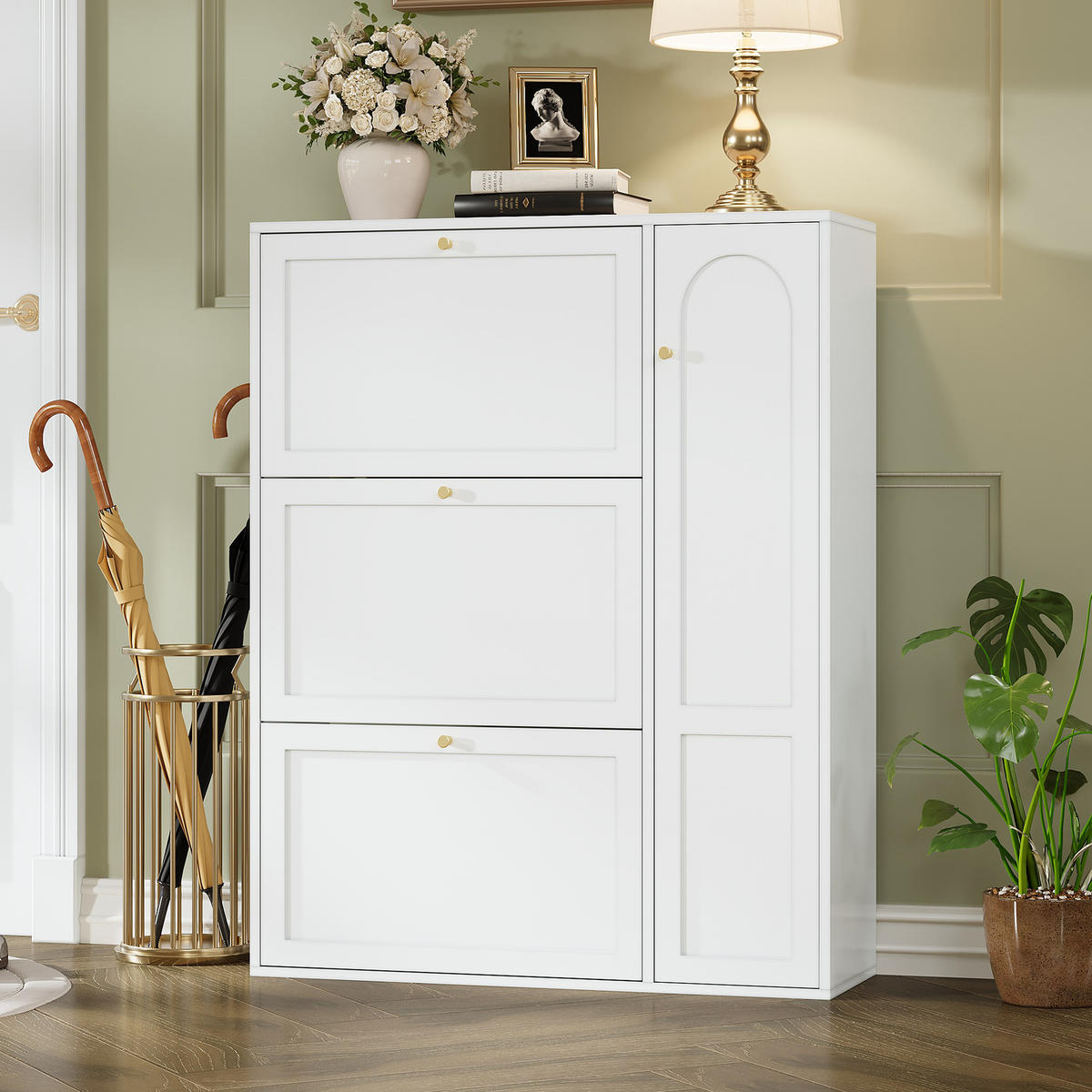 SCHUHSCHRANK aus MDF & Spanplatte 90x25x114cm in Weiß mit 3 Klappen & 1 Tür - Weiß, Holzwerkstoff (90/114/25cm) - Modfu