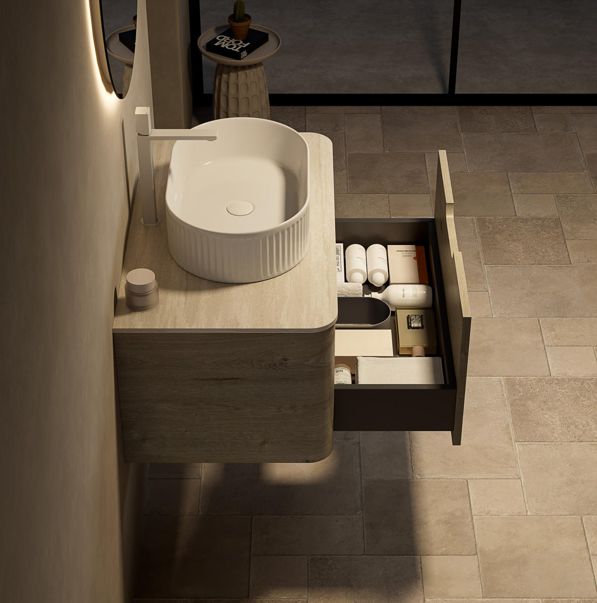 WASCHTISCHKOMBI 80 cm mit Aufsatzbecken und Soft-Close-Schublade in Eichenoptik - Creme, Keramik (80/50.2/46cm) - BEAOK