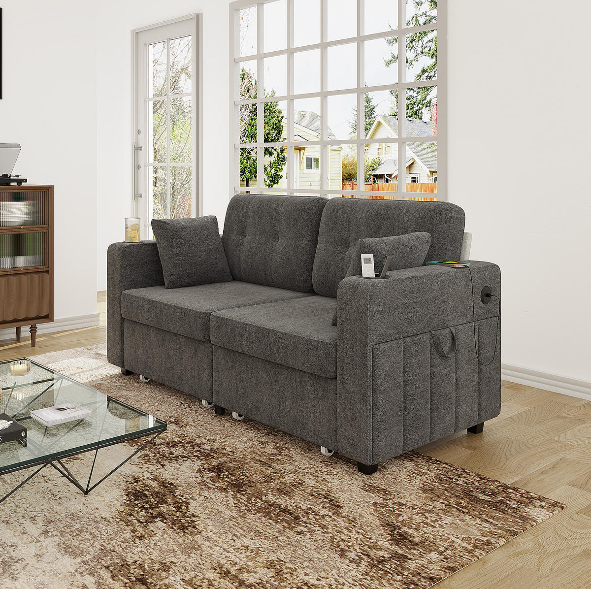 2-SITZER aus Chenille 172x75x82 cm in Grau mit USB-Anschlüssen & Stauraum - Grau, Textil (75/82/172cm) - Modfu