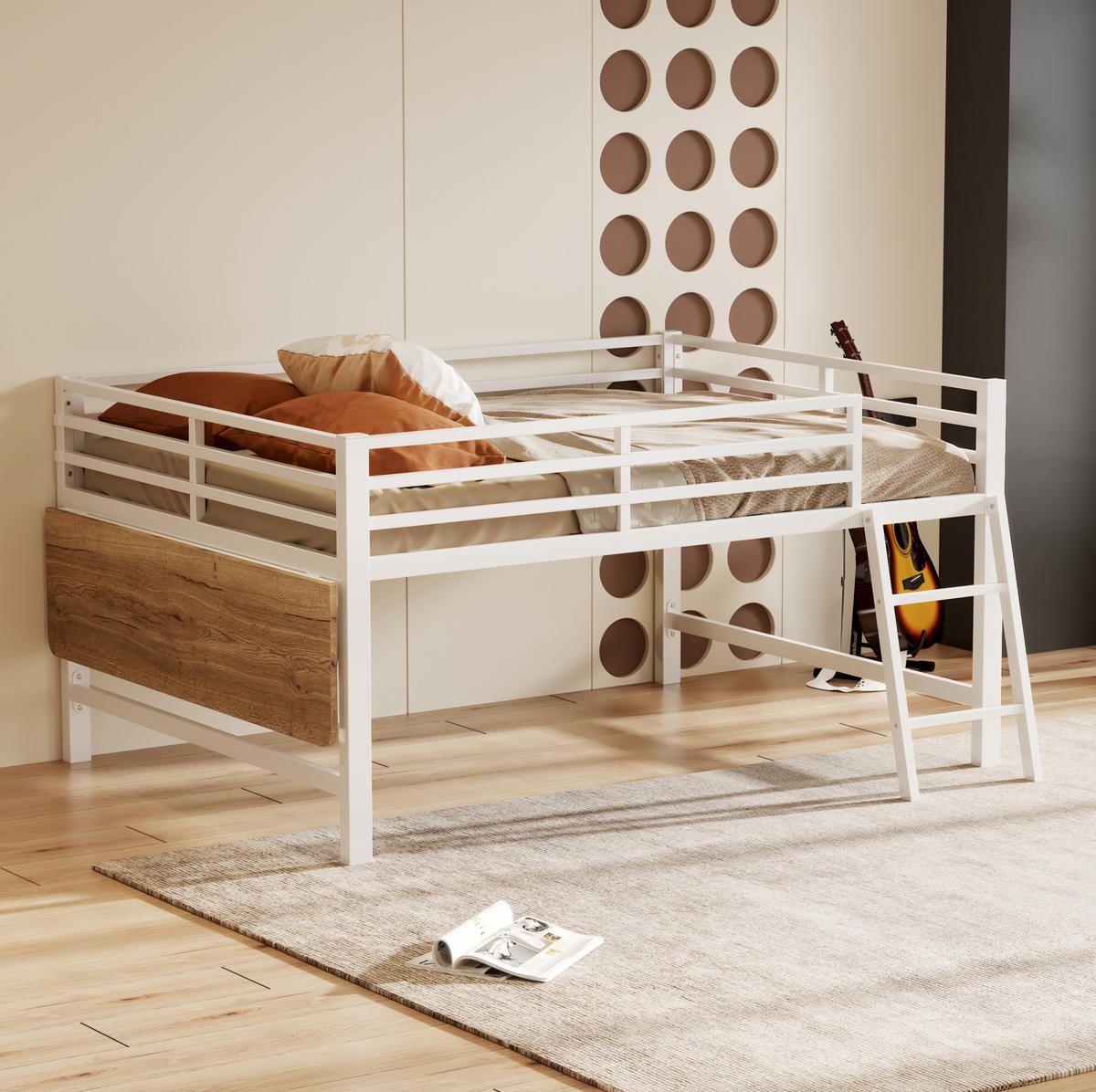 HOCHBETT 140/200 cm Weiß mit Leiter, Schreibtisch und LED ohne Matratze - Weiß, Metall (140/200cm) - MIVRAY