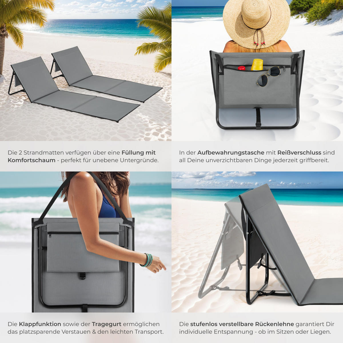 STRANDMATTE 2er Set Mina,inkl. Aufbewahrungstasche,grau/blau - Blau/Grau, Kunststoff (52.5/1.7/157cm) - tectake