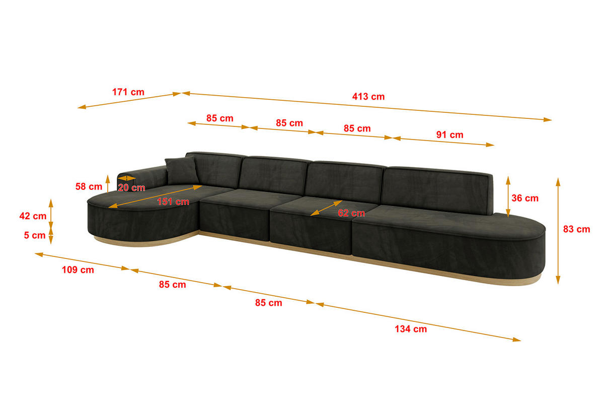 ECKSOFA Ottomane Links MARI-L3-v2 - 413x171x83 cm Schwarz Velours - Schwarz, Holzwerkstoff/Textil (413/171cm) - ALTDECOR