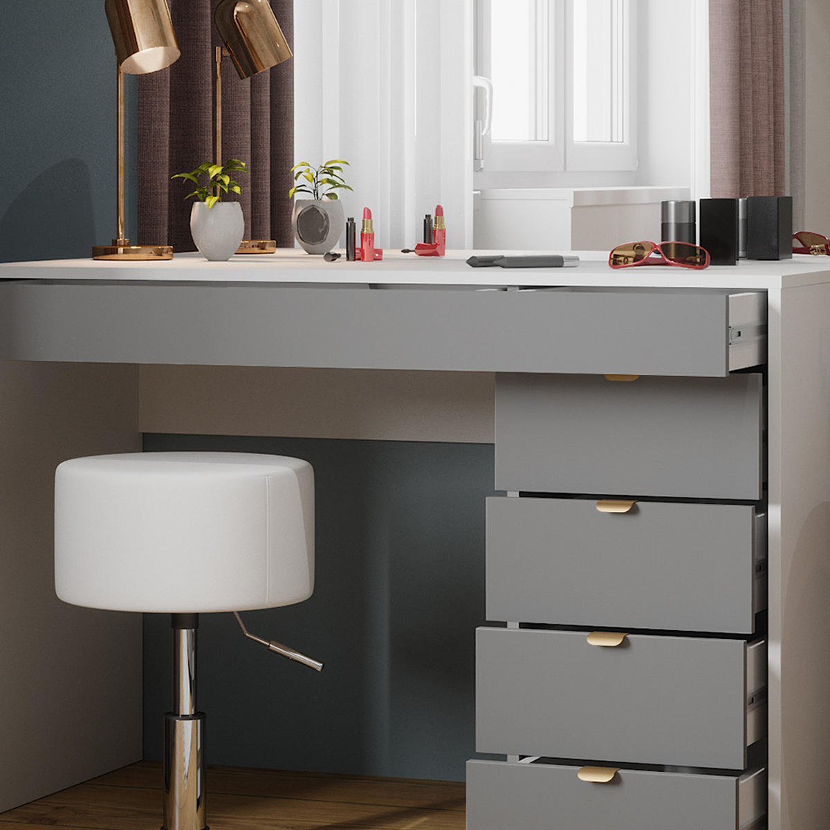 SCHMINKTISCH Elise Weiß/Grau/Grau 115 cm mit Hocker - Weiß/Grau, Holzwerkstoff (115/76/55cm) - Vicco