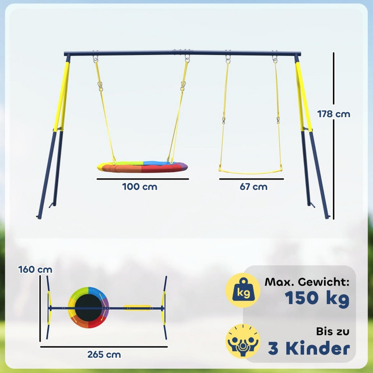 SCHAUKEL-SET mit Nestschaukel Gurtschaukel verstellbarem Seil für 3-8 Jahre 265x160x178cm - Blau, Metall (160/265cm) - Hauptrolle