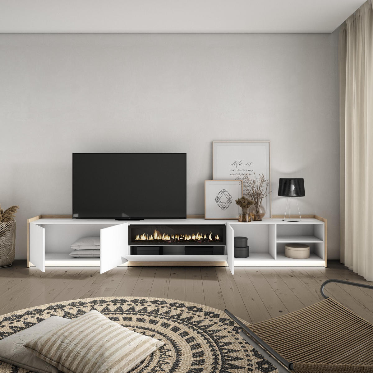 LOWBOARD, Weiß und Eiche, 310/37/50cm, Kamin mit Feuereffekt - Weiß, Holzwerkstoff (310/50/37cm) - Skraut Home