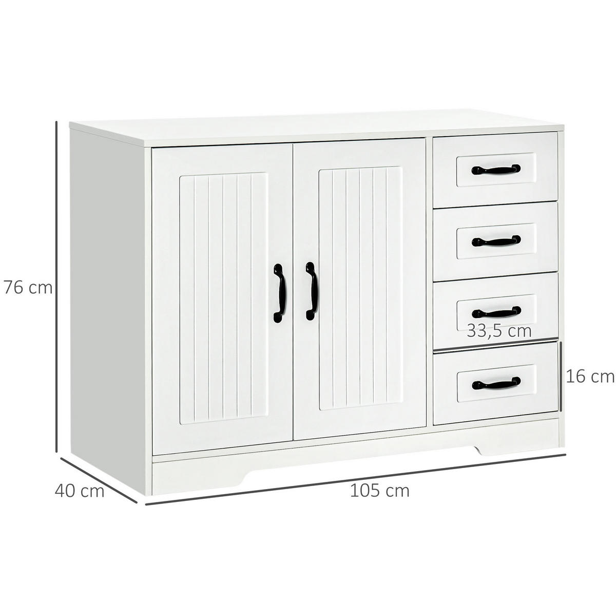SIDEBOARD aus MDF 40x105x76 cm Weiß mit 4 Schubladen, verstellbarem Einlegeboden und Kippschutz - Weiß, Holzwerkstoff (105/76/40cm) - Modfu
