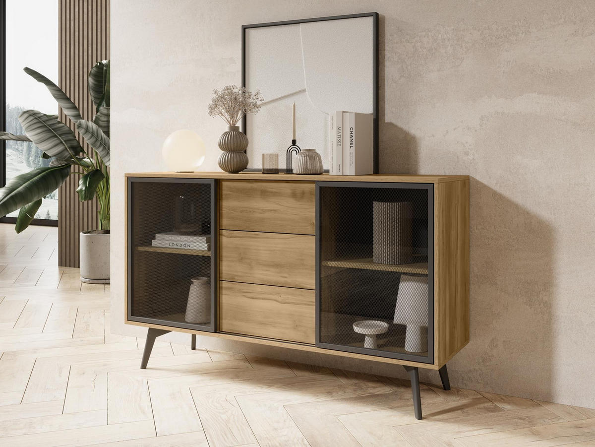 KOMMODE Swift Golden Eiche, zweitürige Kommode mit Schubladen, mit LED - Schwarz/Braun, Holzwerkstoff (144/85/39cm) - Bettso