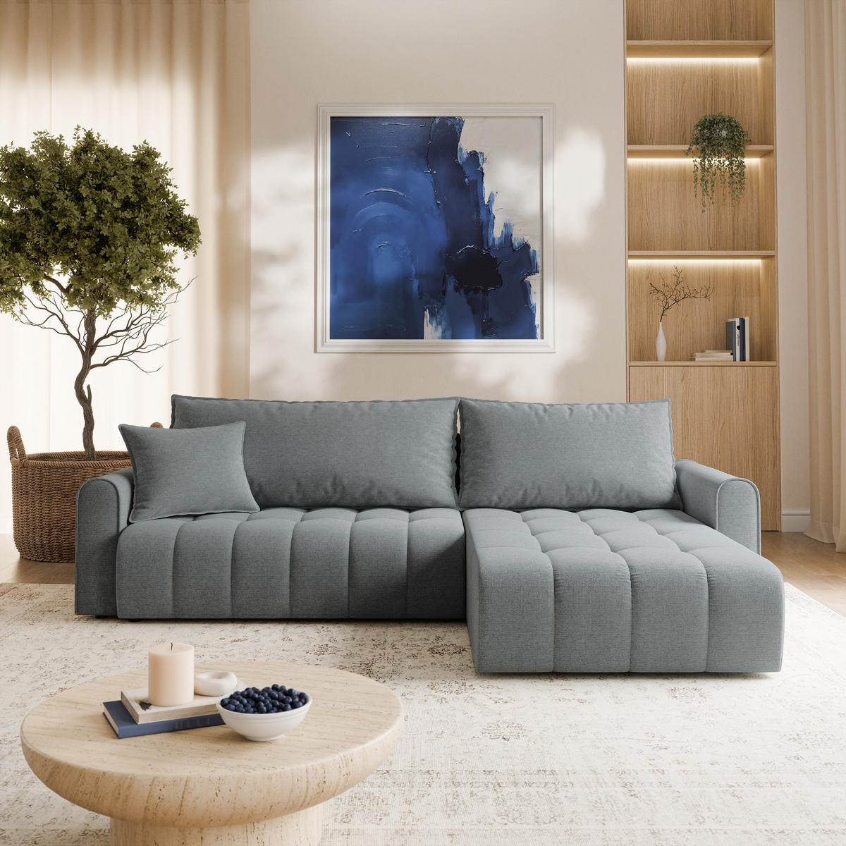 ECKSOFA FRIGA Grau Strukturstoff mit Schlaffunktion - Grau, Holz (283/185cm) - MASSENO