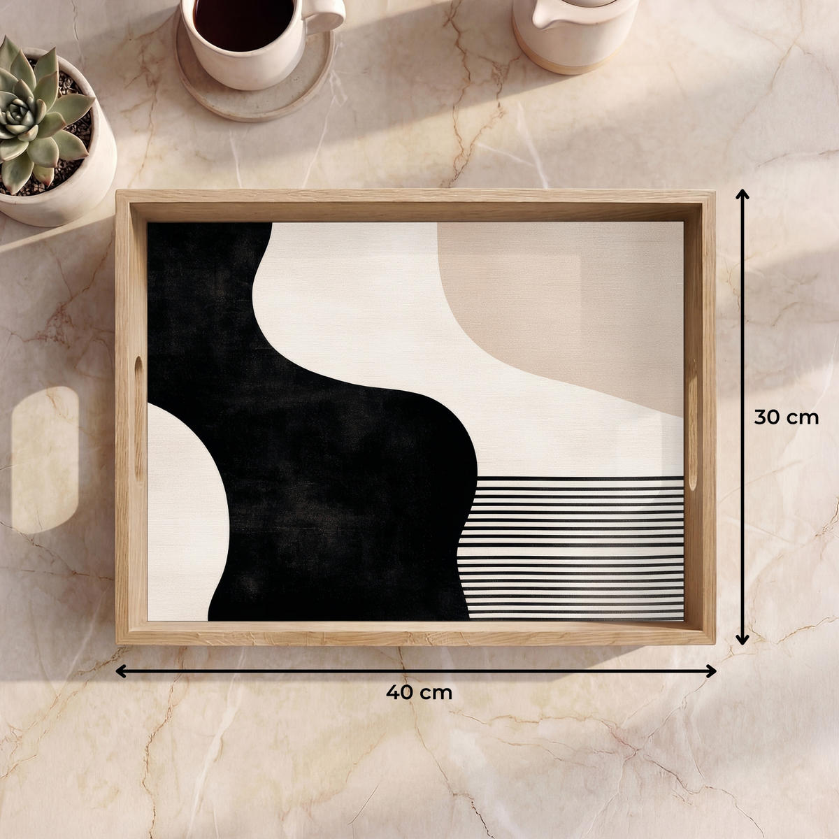 SERVÍROVACÍ PODNOS Abstraktní - Japonské - Béžové - Moderní 40x30 cm - černá, dřevo (40/5/5cm) - OnlyWow