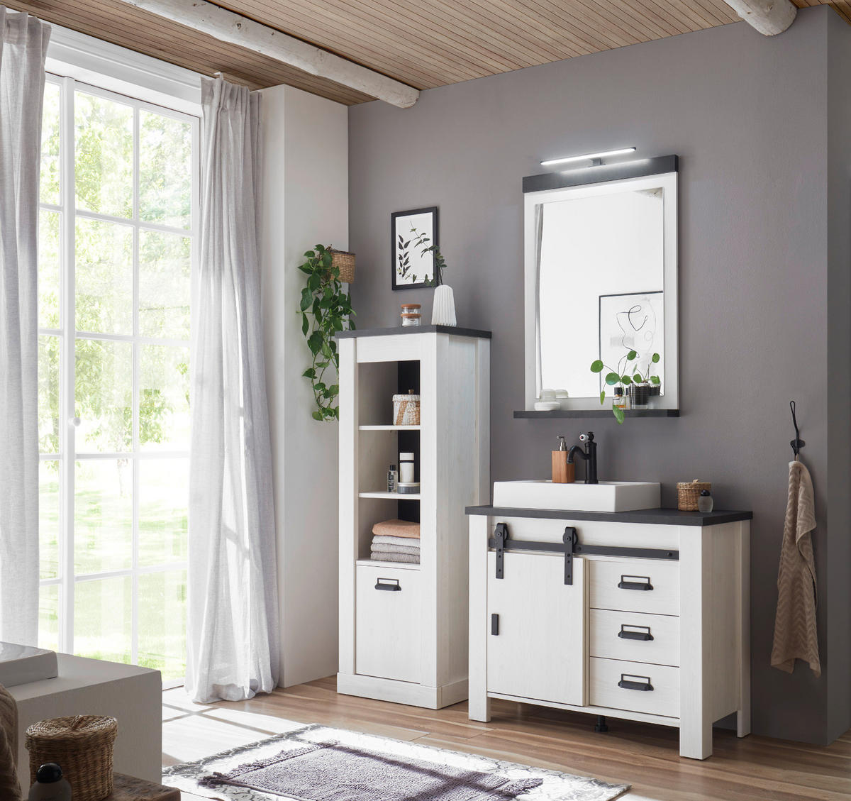 BADSCHRANK weiß Pinie, anthrazit Landhaus, Midischrank mit Soft-Close - Anthrazit/Weiß, Holzwerkstoff/Metall (51/146/38cm) - Furn.Design