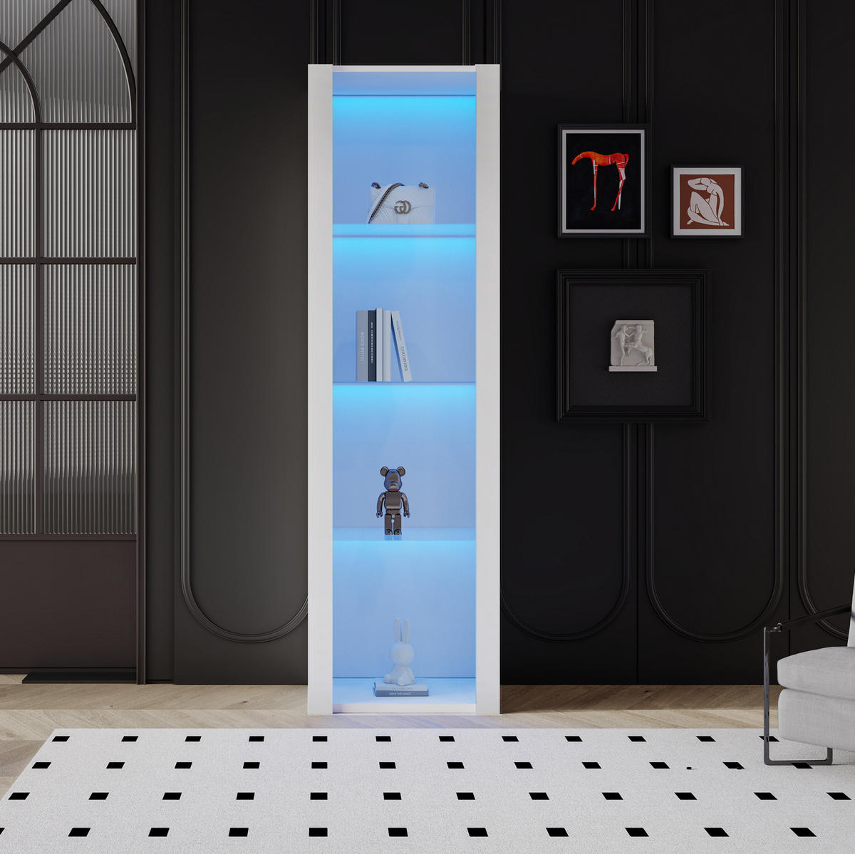 VITRINE 55/38/166 cm in Weiß Hochglanz mit LED-Beleuchtung und 3 Glasböden - Weiß, Holzwerkstoff (55/166/38cm) - Flora Grace