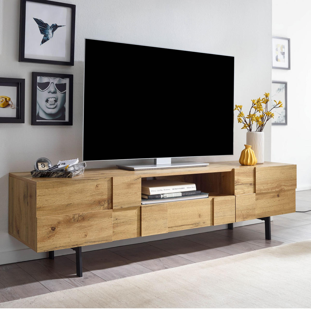 LOWBOARD Eiche-Dekor Modern Stil mit Kachelmuster für Konsolen und DVDs - Schwarz/Braun, Holz/Metall (160/46/43cm) - KADIMA DESIGN