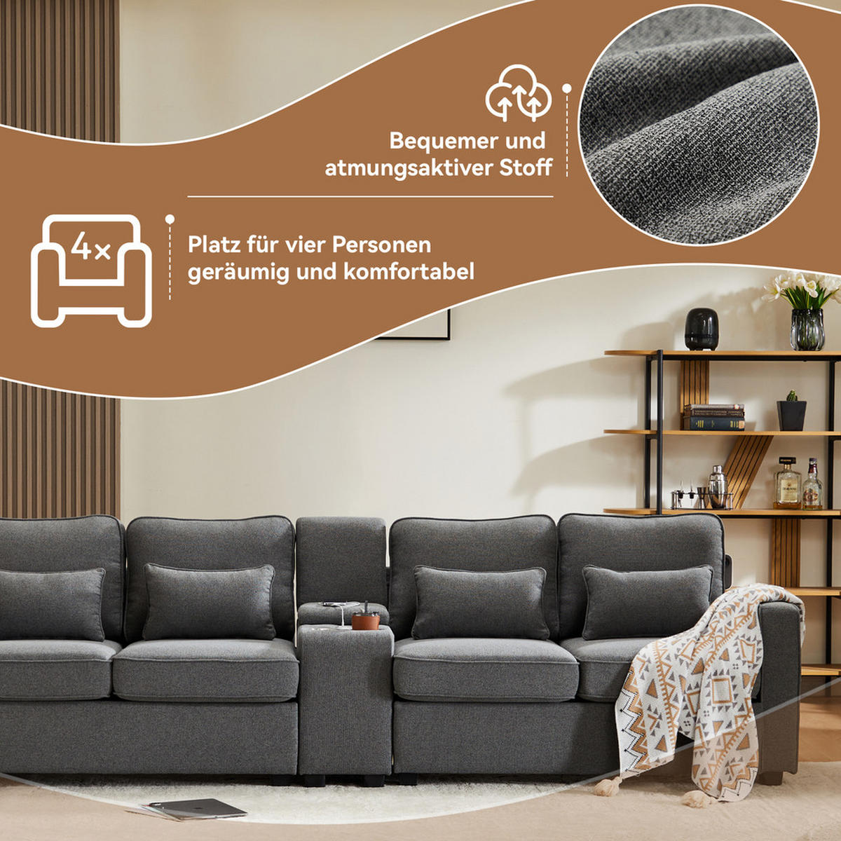 SOFA 4-Sitzer Leinenstoff Konsole 2 USB & Getränkehalter 4 Kissen Dunkelgrau - Grau, Holz (83/88/290cm) - FLIEKS