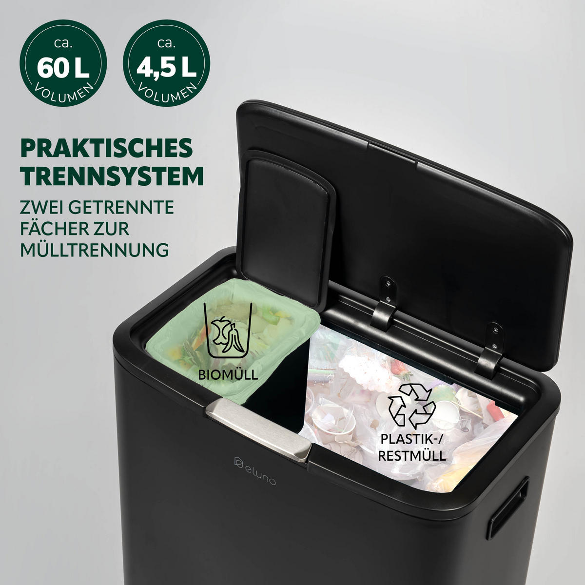 ABFALLEIMER, 60 Liter, aus Metall, schwarz - Schwarz, Metall (53/79.5/32.5cm) - eluno