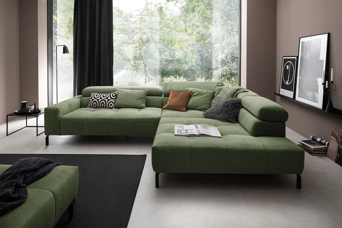 ECKSOFA MIT MOTORISCHEM SITZVORZUG OHIO Grün Cord - Schwarz/Grün, Textil/Metall (311/219cm) - KAWOLA
