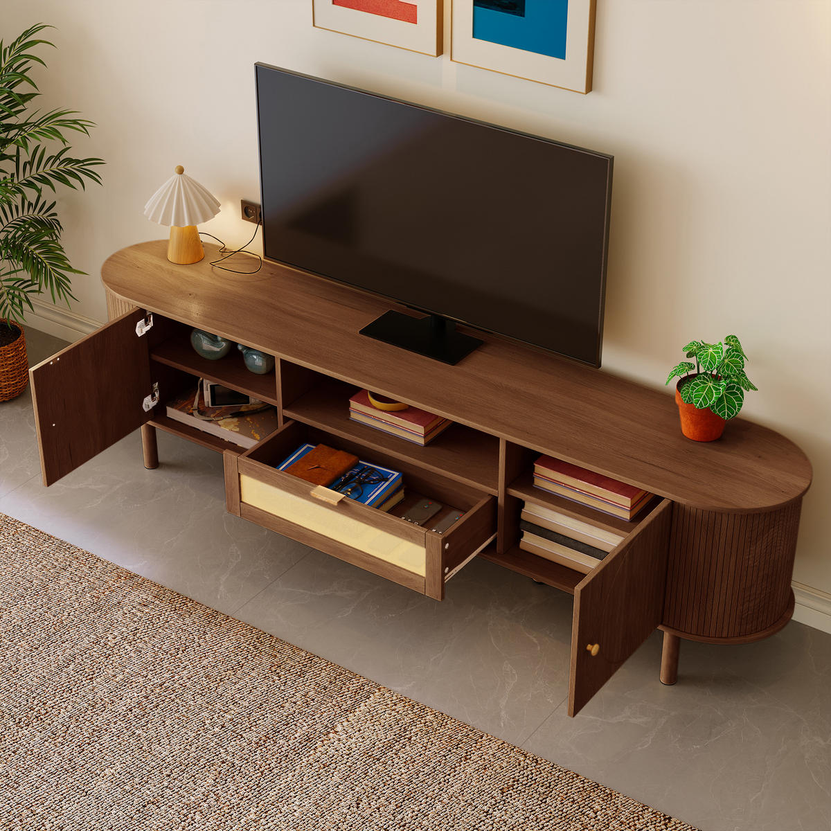 TV-SCHRANK Rattan Schubladen Offene Fächer Metallbeine Holzoptik - Walnussfarben, Holzwerkstoff (36/51/175cm) - FLIEKS