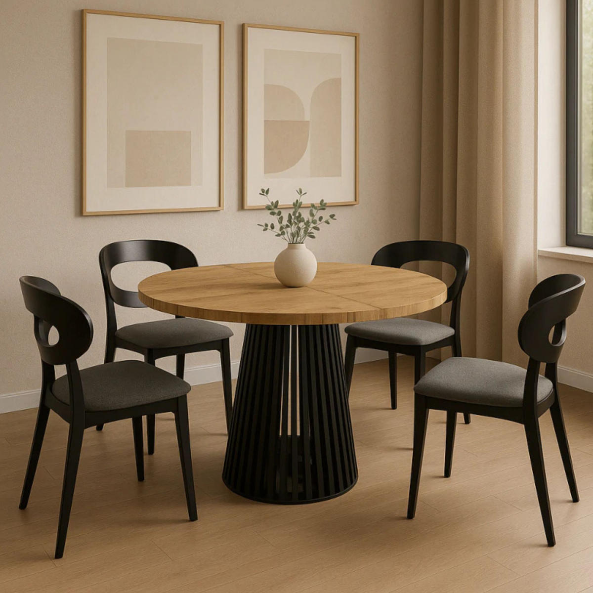 ESSZIMMERTISCH DUSTO, ausziehbarer Tisch Durchmesser:100 cm bis 200 cm, Wohnzimmertisch Farbe: CRAFT, mit Holzbeinen in Farbe Schwarz - Schwarz/Braun, Holzwerkstoff (100/100/79cm) - Sepro Meble