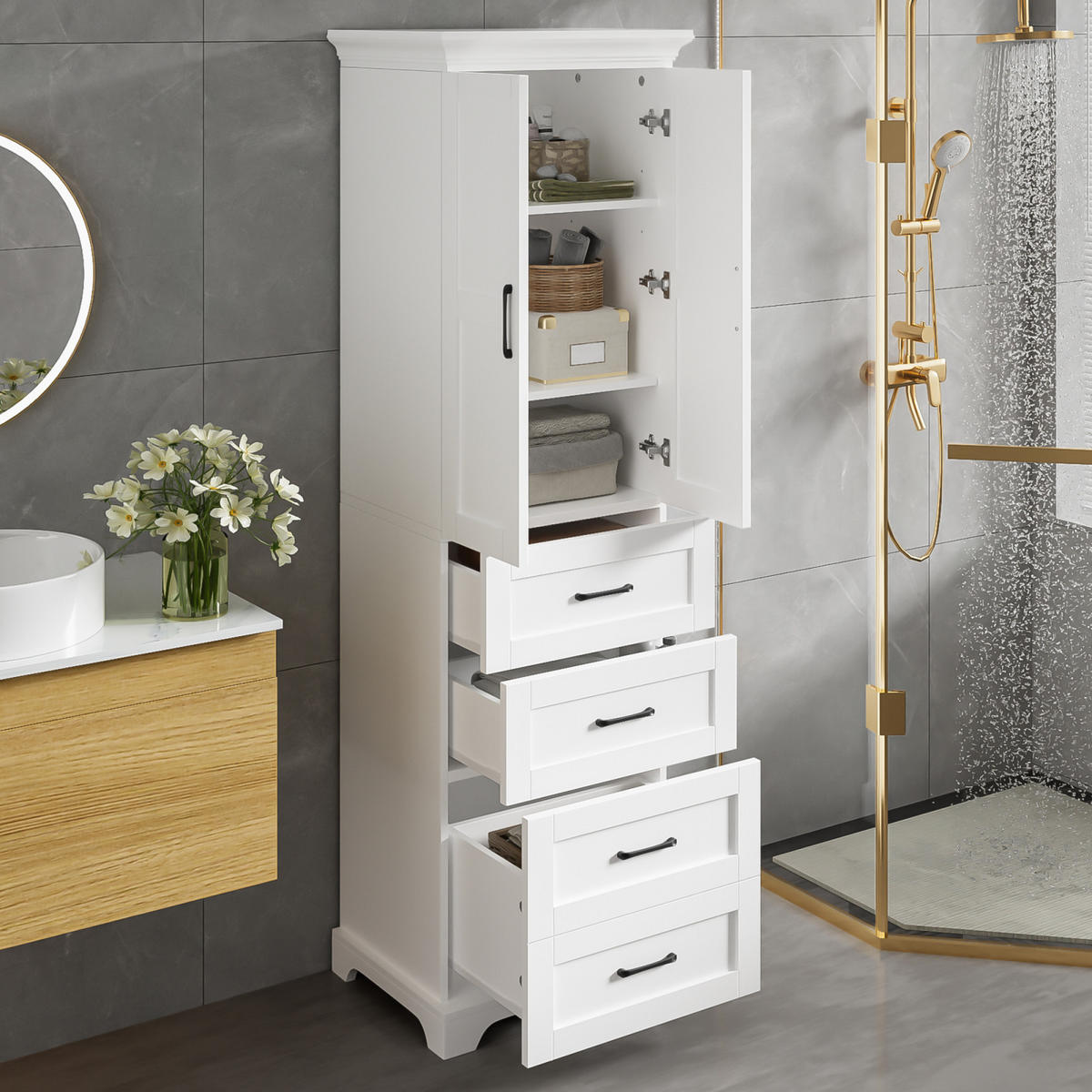 BADEZIMMERSCHRANK mit Schubladen, Einzelschrank, verstellbare Einlegeböden, Soft Close, Weiß - Weiß, Holz (57/180/38cm) - PARAFTA HOME