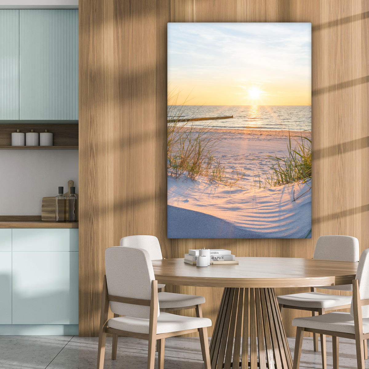 LEINWANDBILD Strand - Sonne - Düne - Gras - Sand - Horizont 80x120 cm - Hellblau, Textil (80/120cm) - MuchoWow