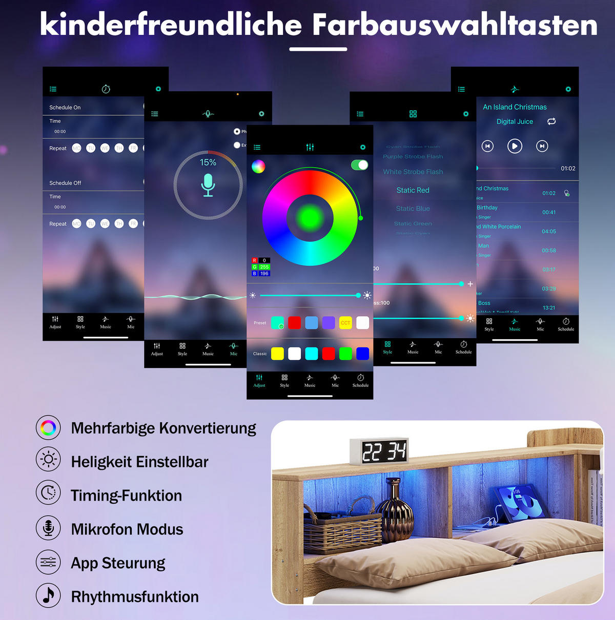 KINDERBETT aus MDF 140x200 cm Natur mit LED-Beleuchtung, USB-/Type-C-Anschluss, Schreibtisch und Stauraum - Naturfarben, Holzwerkstoff (140/200cm) - Modfu