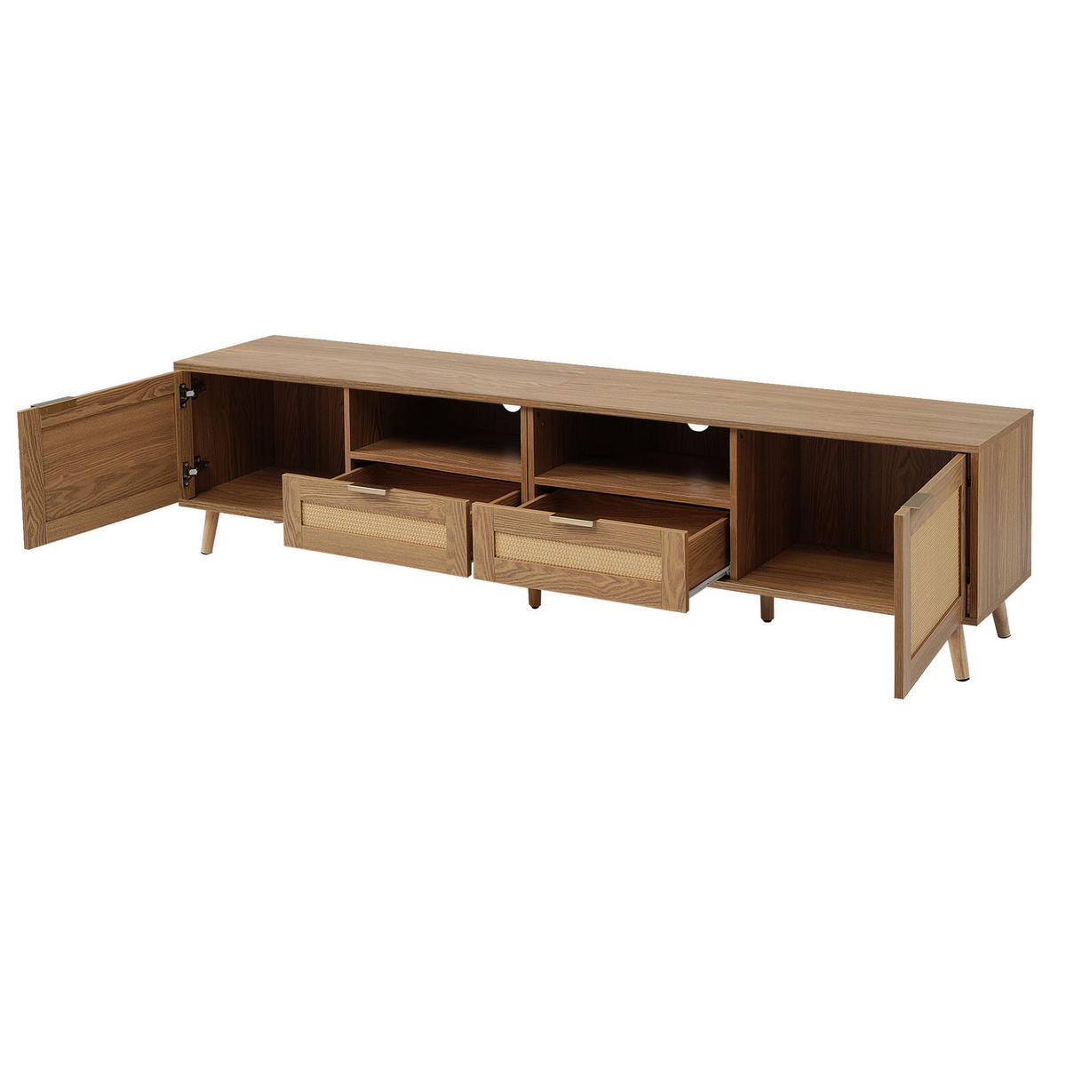 TV stolek 200/37/49 cm dub z dřevotřísky s ratanovým designem a nastavitelnými nohami - hnědá, kompozitní dřevo (200/49/37cm) - OKWISH