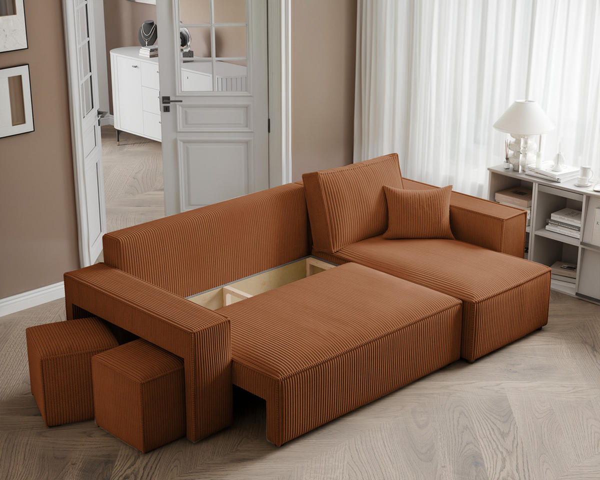 ECKSOFA PARIS mit Schlaffunktion und Bettkasten Orange - Orange, Holzwerkstoff/Kunststoff (262/145cm) - Idohome