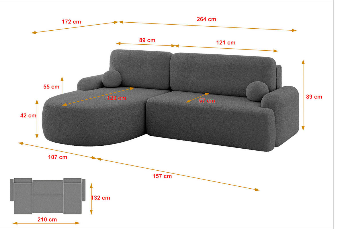 ECKSOFA mit Schlaffunktion und Bettkasten LIRA-L - 264x172x89 Grau - Grau, Holzwerkstoff/Textil (264/172cm) - ALTDECOR