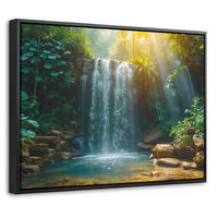 LEINWAND Bilder mit Rahmen - Wasserfall - Dschungel - Sonne - Grün - Natur - 40x30 - Grün, Textil (40/30cm) - MuchoWow