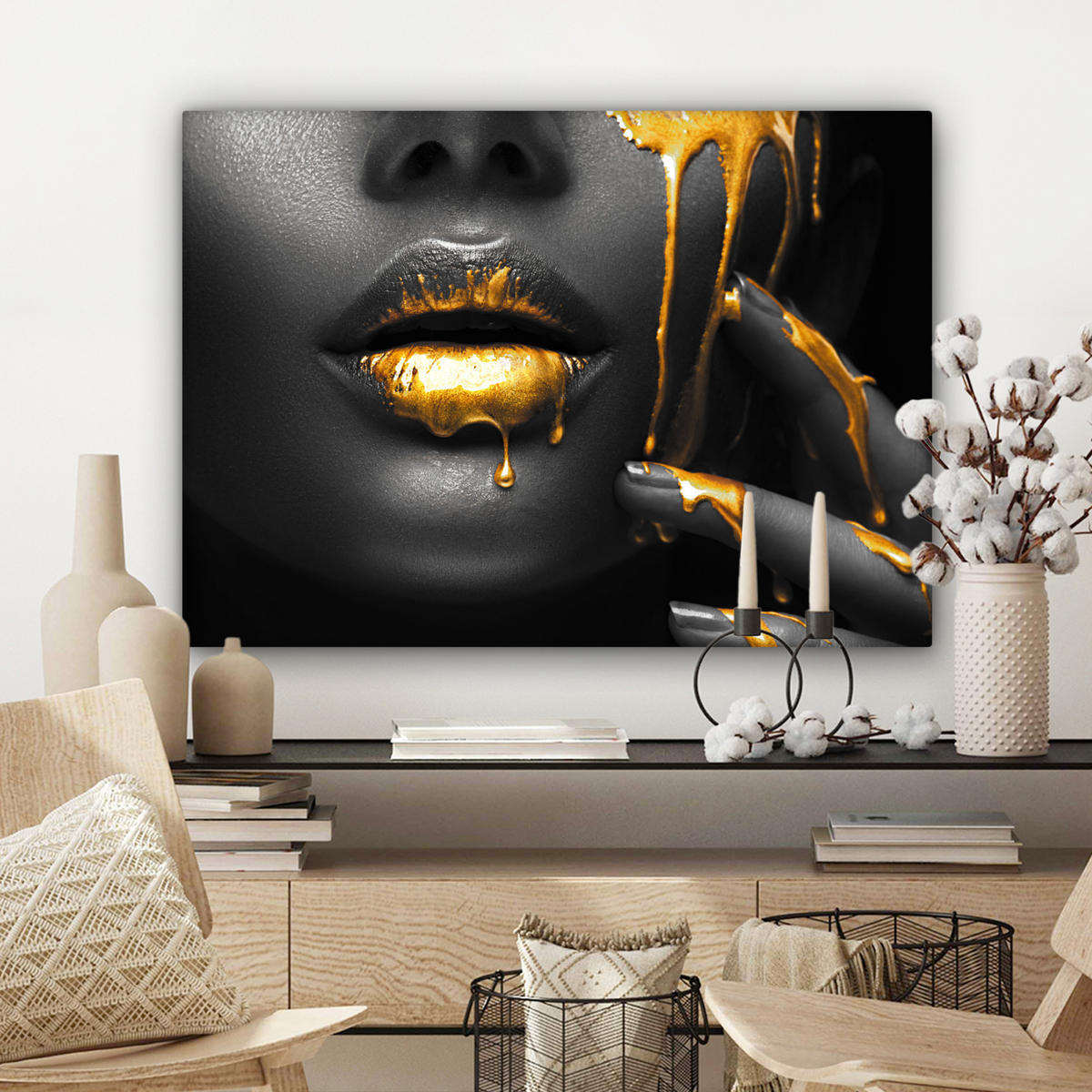 LEINWANDBILD Frau - Schwarz - Gold - Gesicht - Lippen Wandbilder 80x60 cm - Goldfarben, Textil (80/60cm) - MuchoWow