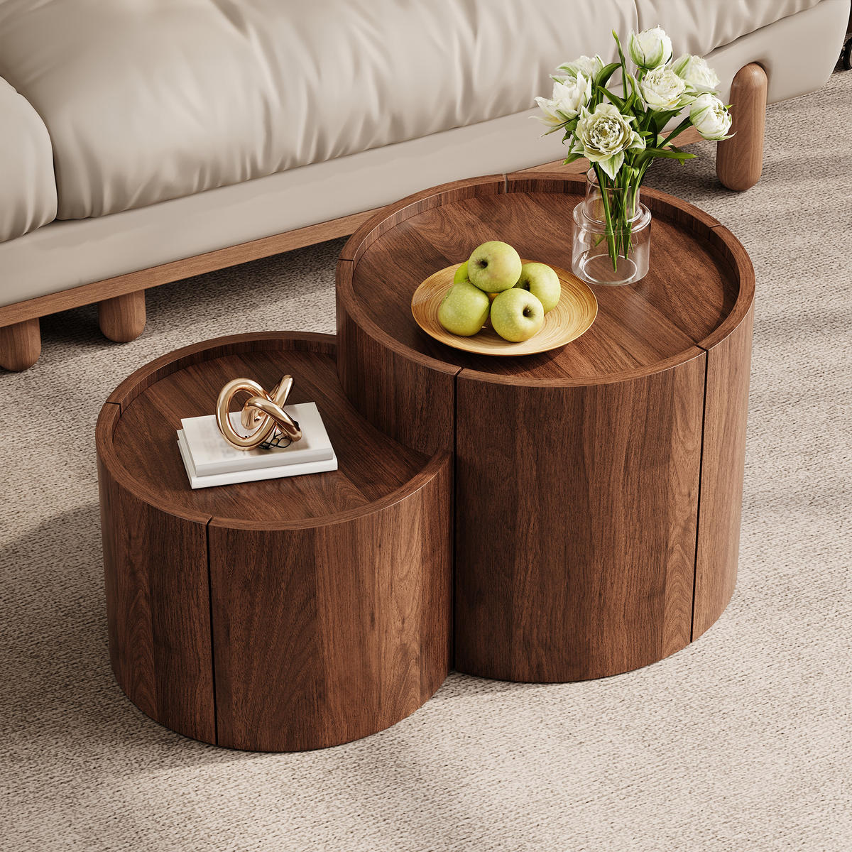 COUCHTISCH mit Stauraum, Schubladen, geschwungenen Türen - Walnussfarben, Holzwerkstoff (47.5/77.5/40cm) - FLIEKS