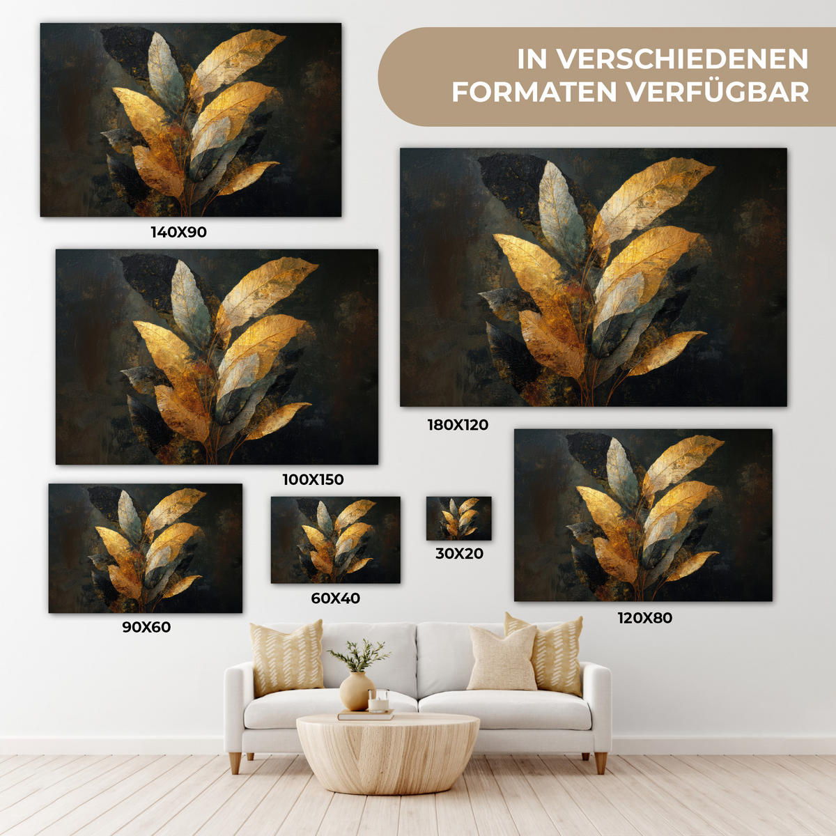 LEINWANDBILD Golden Leaf Komposition - Botanical Luxury Groß 140x90 cm - Goldfarben/Schwarz, Textil (140/90cm) - MuchoWow