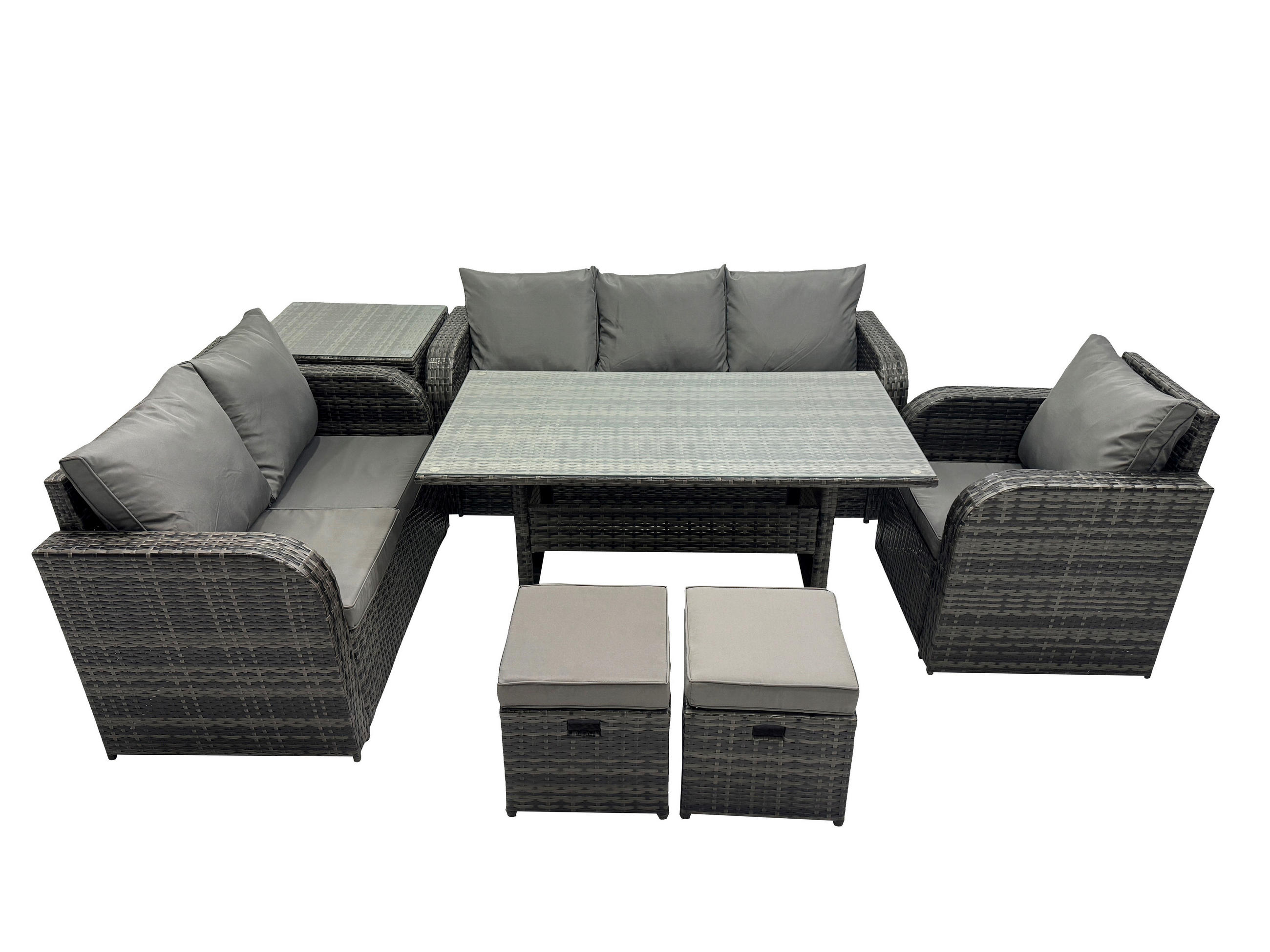 GARTENTISCHGRUPPE mit Liegestuhl,3 Hockern,Beistelltisch Polyrattan 8-Sitzer - Dunkelgrau/Grau, Glas/Kunststoff - Fimous