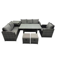 GARTENTISCHGRUPPE mit Liegestuhl,3 Hockern,Beistelltisch Polyrattan 8-Sitzer - Dunkelgrau/Grau, Glas/Kunststoff - Fimous