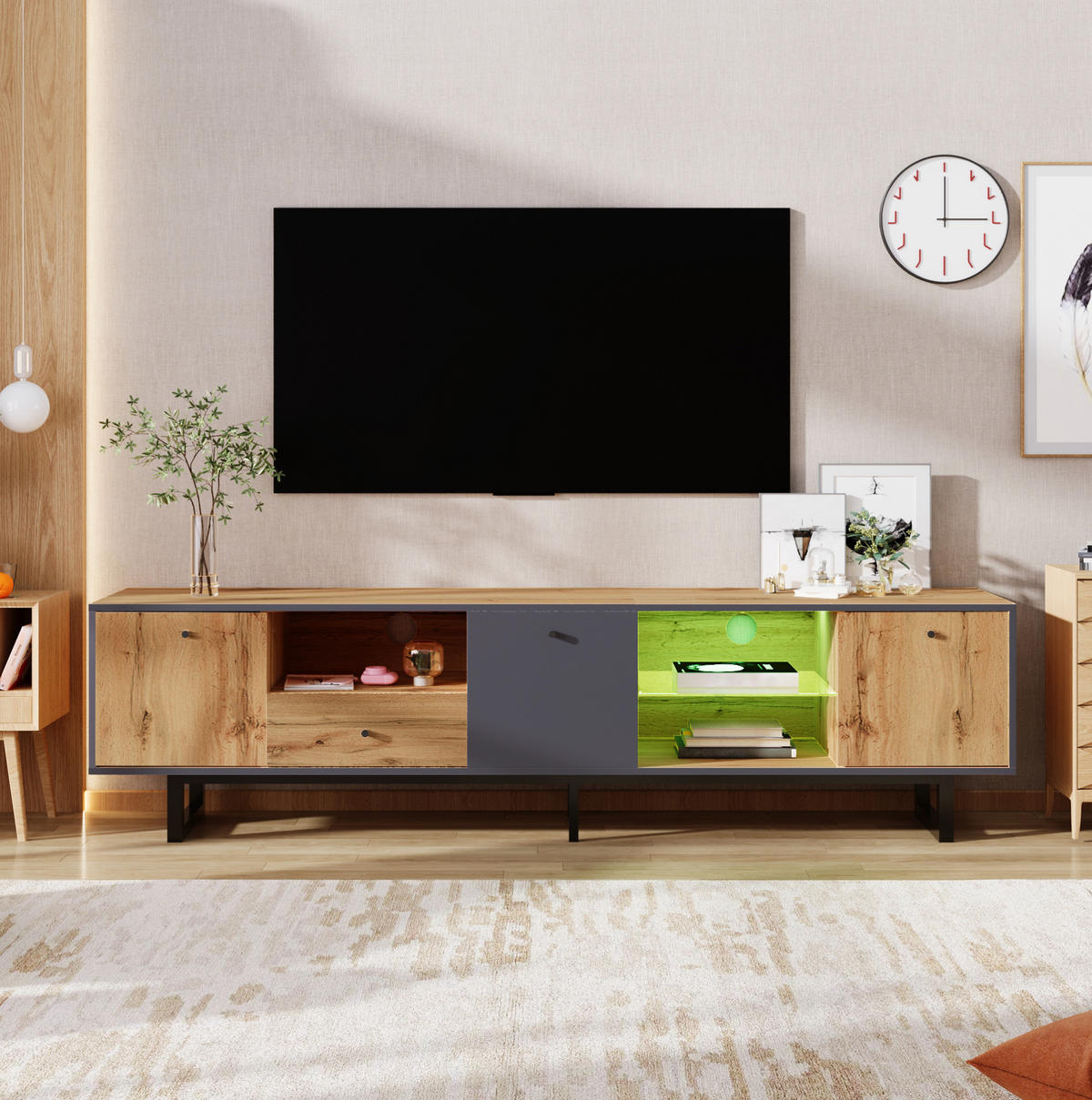 TV-LOWBOARD in Holz/Anthrazit mit LED und Glasböden 190/40/50 cm - Eichefarben, Holzwerkstoff (190/50/40cm) - Redom
