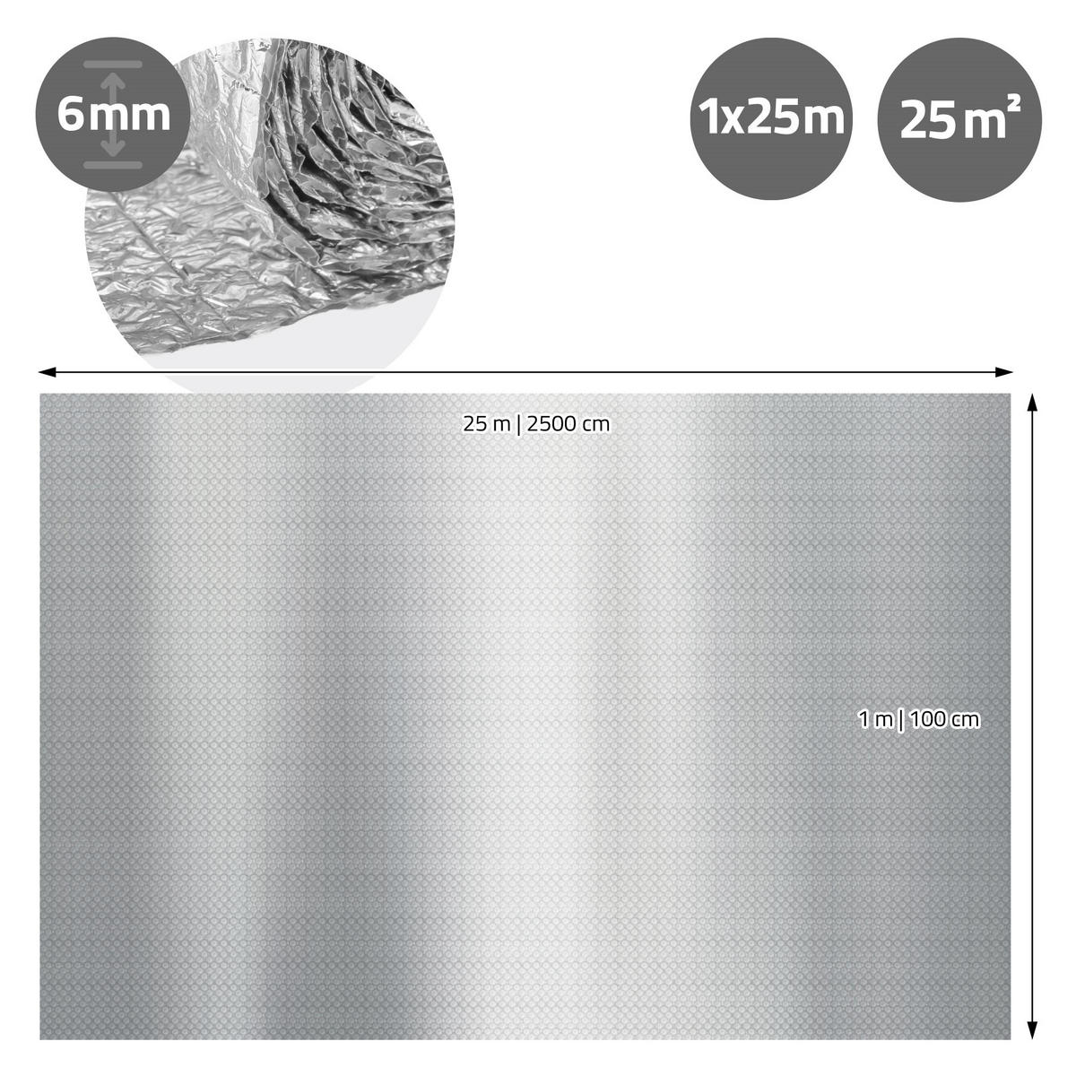 ISOLIERFOLIE 1 x 25 m für Wärmedämmung und Kälteschutz Doppelseitige Alu-Dämmfolie 6mm Dicke - Silberfarben, Kunststoff/Metall (100/0.6/2500cm) - ECD-Germany