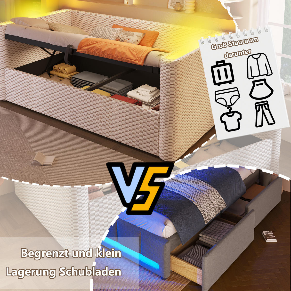 TAGEBETT 90x200cm Beige Samt LED-Licht Hydraulik Stauraum - Beige, Holz (90/200cm) - FLIEKS