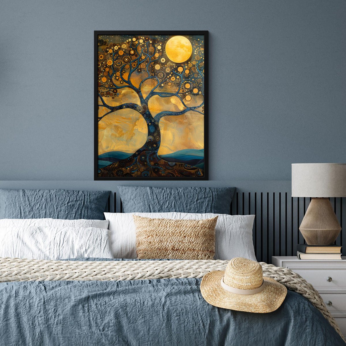 GERAHMTES BILD Baum - Mond - Blumen - Gold - Kunst 60x80 cm - Orange, Papier (60/80cm) - MuchoWow