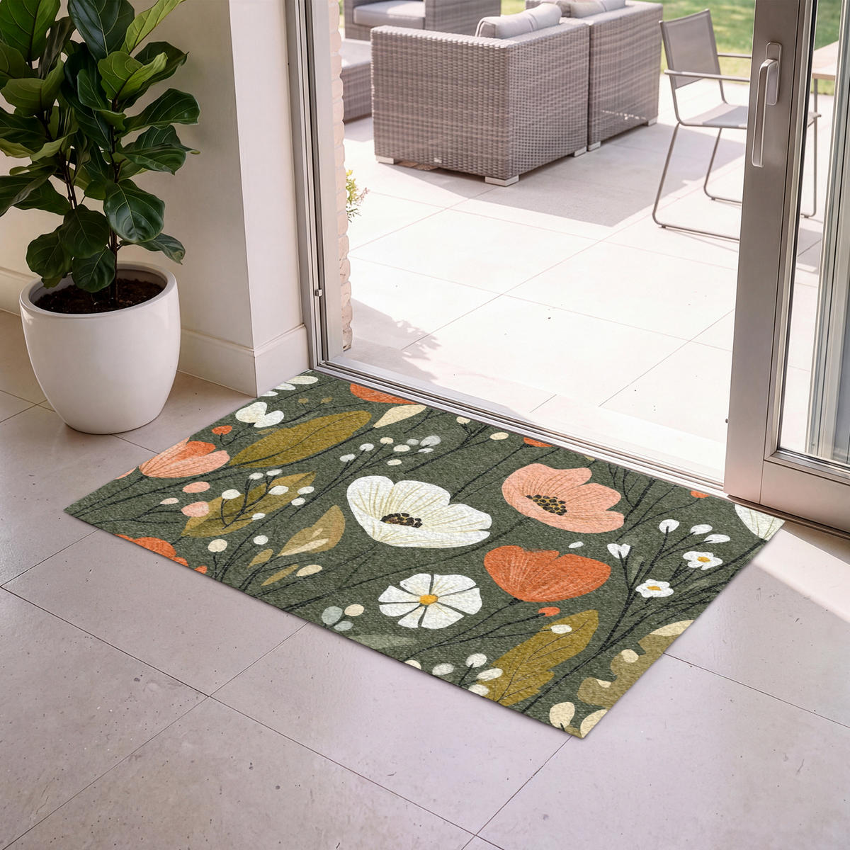 ROHOŽKA Květiny - ilustrace - zelená 120x80 cm - tmavě zelená, textil/umělá hmota (120/0.4cm) - MuchoWow