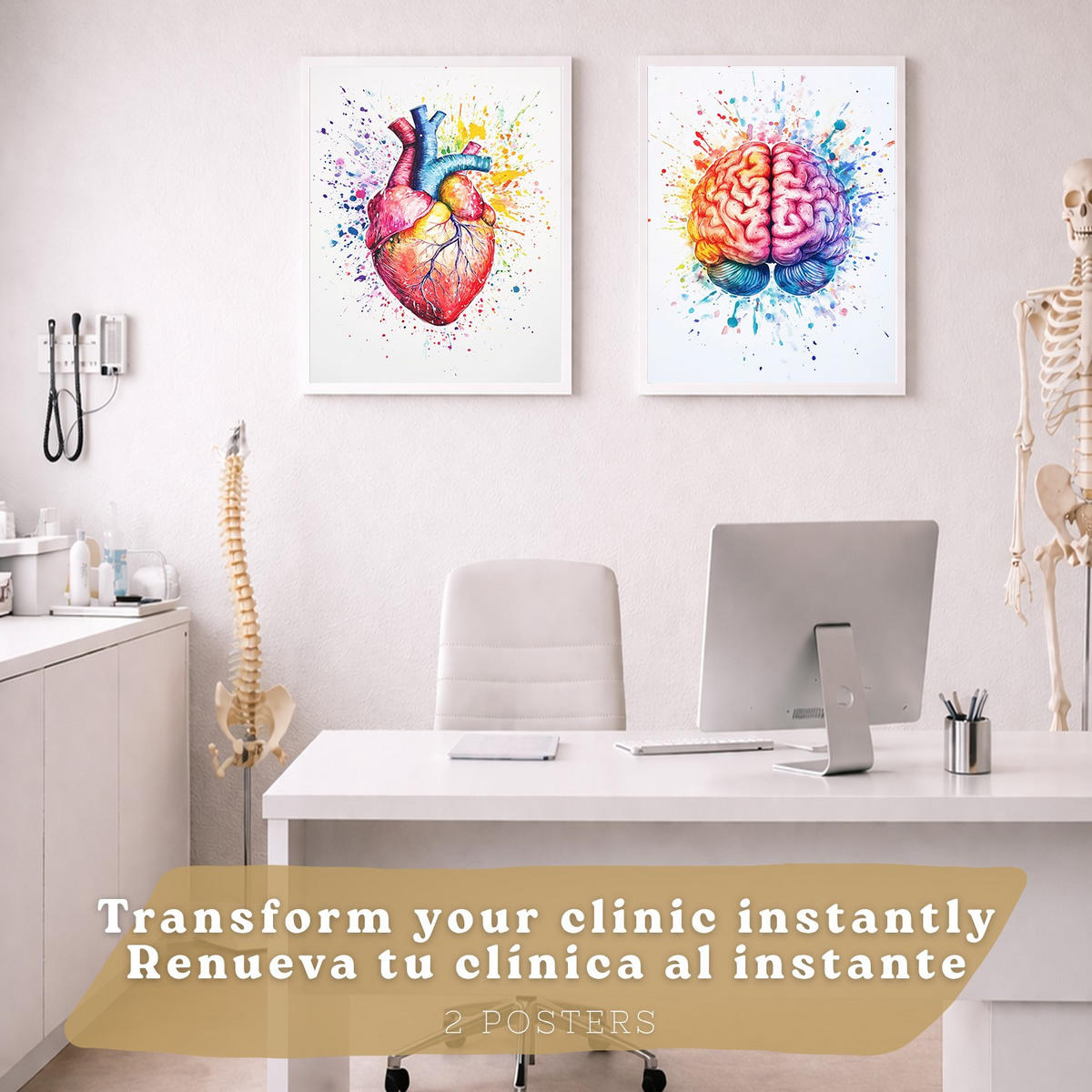 POSTER Set aus 2 Anatomie Drucke und Wandbilder mit Gehirn und Herz Künstlerische Mehrfarbig Aquarell Illustration Größe Weißer Rahmen A4 - Weiß, Papier (21/29.7/3cm) - Nacnic