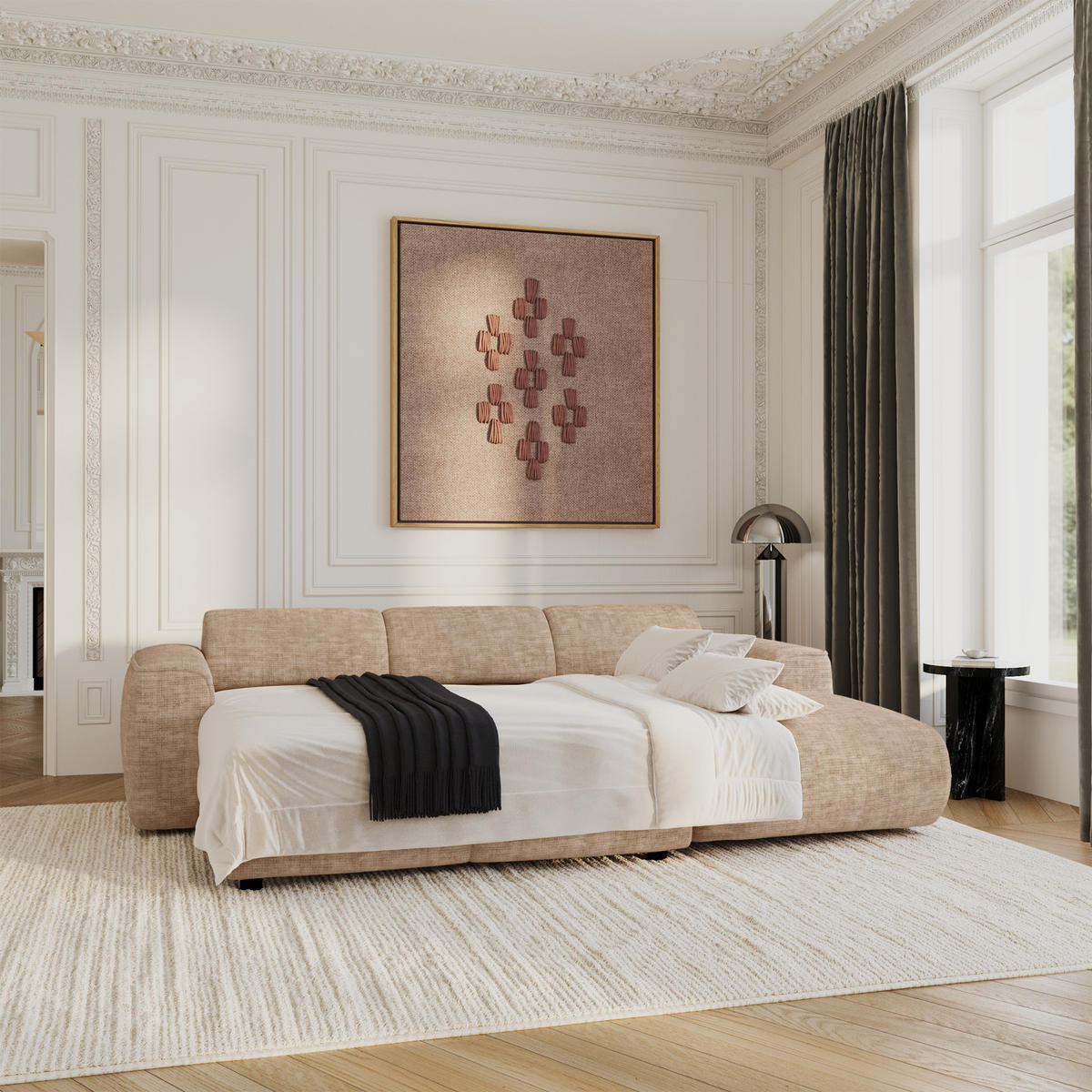 ECKSCHLAFSOFA Texturierter Samt Taupe 283cm - Taupe, Textil (283/180cm) - Sia Home