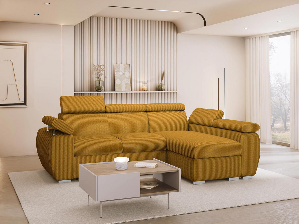 ECKSOFA Boston Mini Premium Cord 2RLC Seite: Rechts 2R+LC - Chromfarben/Braun, Holz/Textil (255/170cm) - MIRJAN24