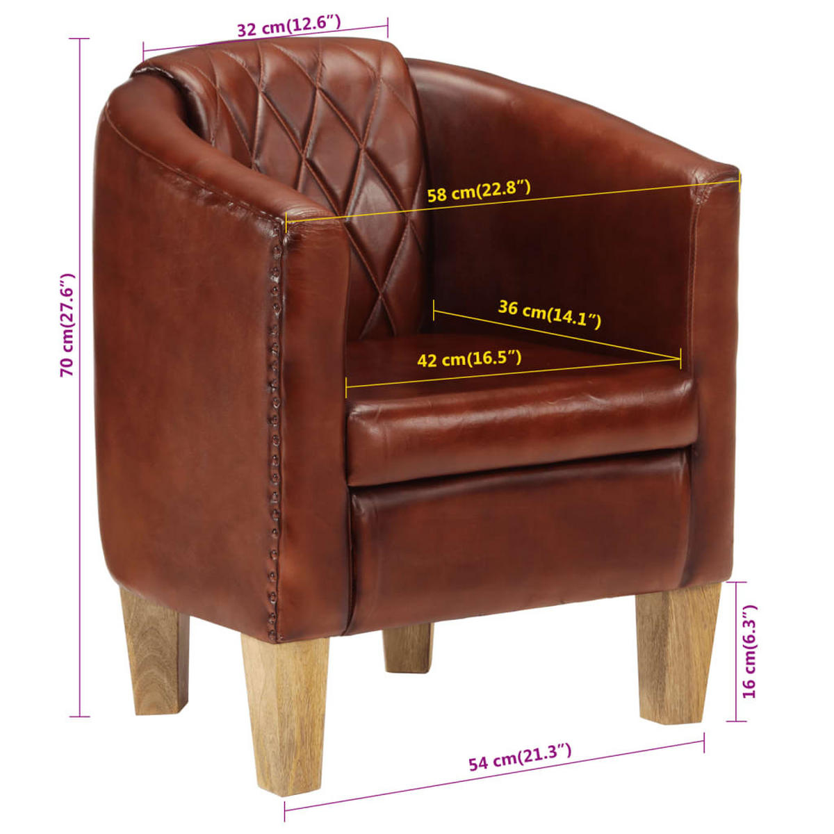 CLUBSESSEL Atmungsaktives Material 58/54/70 cm Braun Ler - Braun, Leder (54/70/58cm) - vidaXL