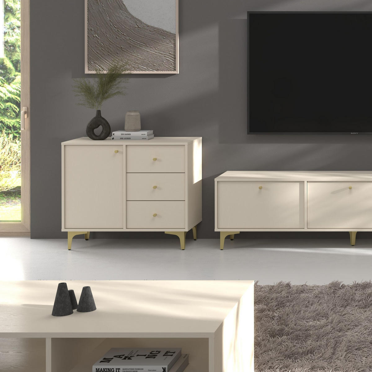 KOMMODE TORINO 84/72/41 cm mit 3 Schubladen 1 Türen Beige - Beige, Holzwerkstoff (84/72/41cm) - MASSENO